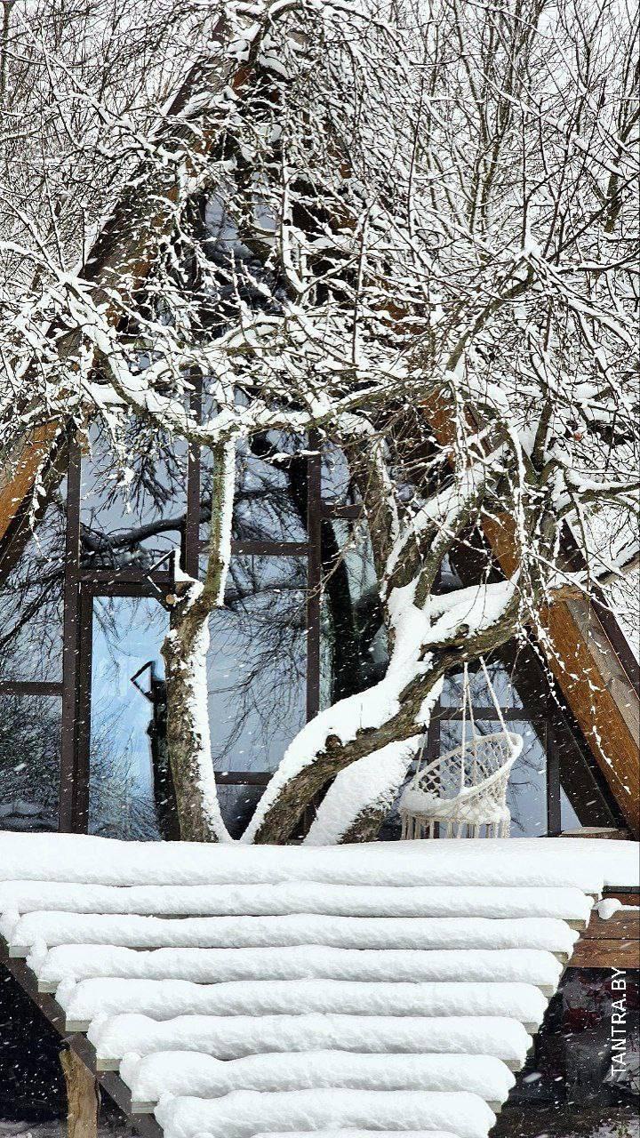 Коттедж A-Frame в усадьбе «Тихий Сад» зимой — домик для ретрита и отдыха в Беларуси